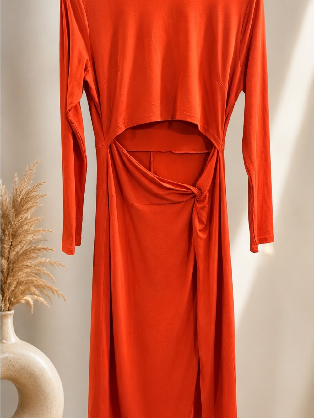 Amazon Long Sleeve Cutout Knot Front Dress in Orange